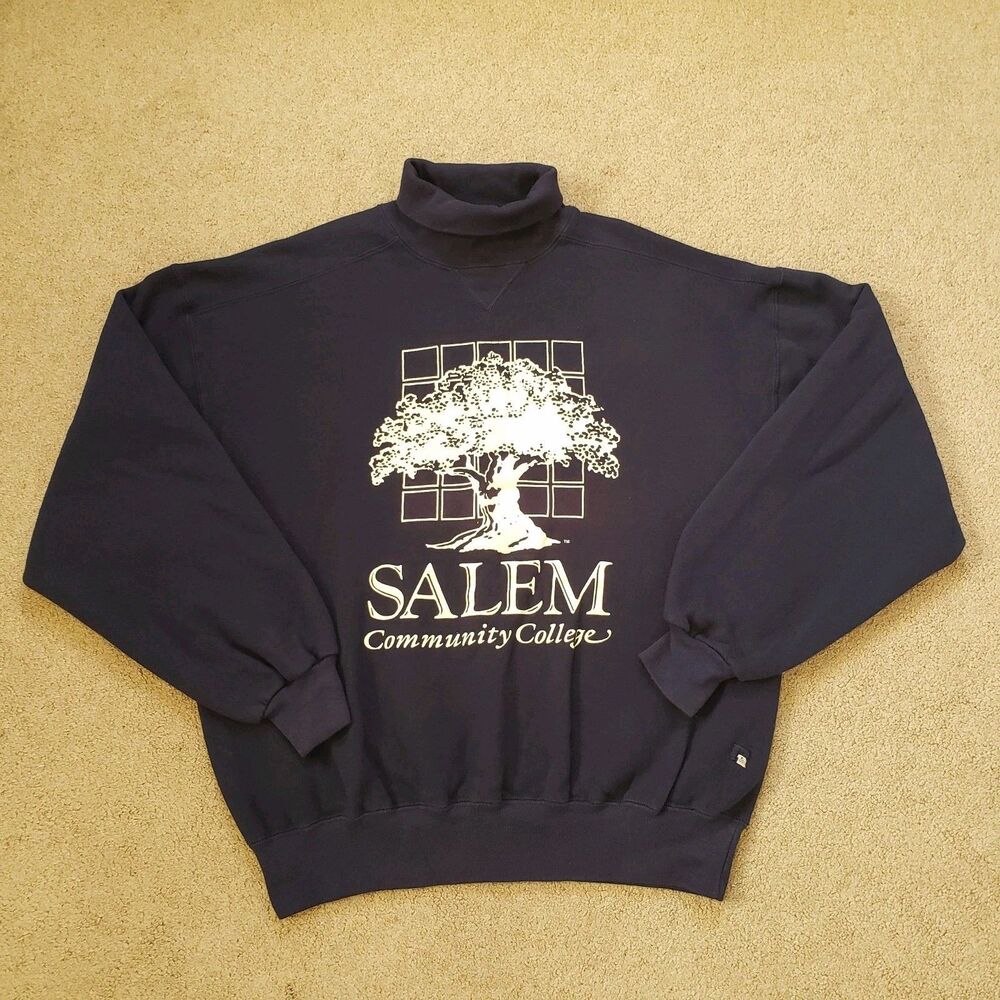 Vtg Rare 90s Russell Athletic Salem Community College Turtleneck Sweater Navy XL